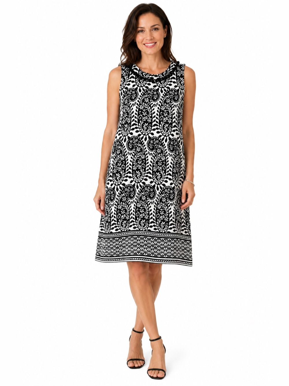 Talbots Black White Paisley Sleeveless Shift Dress Pom Pom Paisley Size Medium